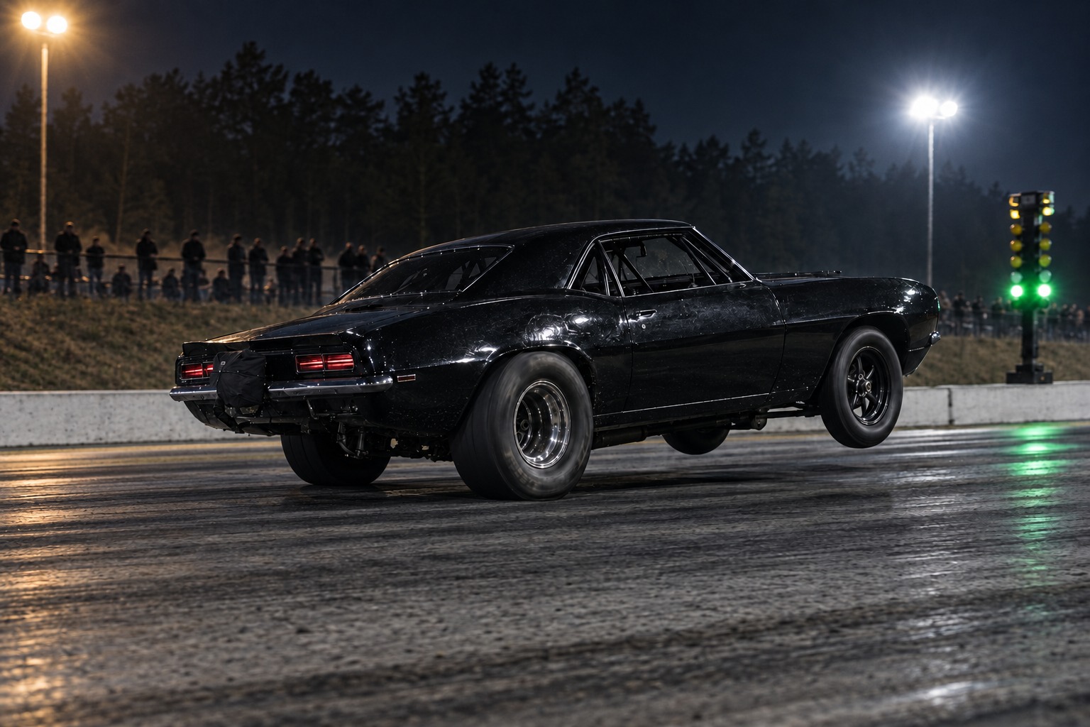 Big-tire door car launching on no-prep asphalt at night, rear tires wrinkled